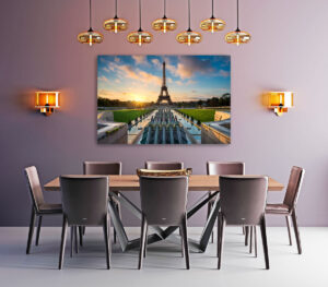 Wandbild | Sonnenaufgang am Springbrunnen vor dem Eiffelturm in Paris