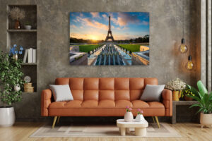 Wandbild | Sonnenaufgang am Springbrunnen vor dem Eiffelturm in Paris