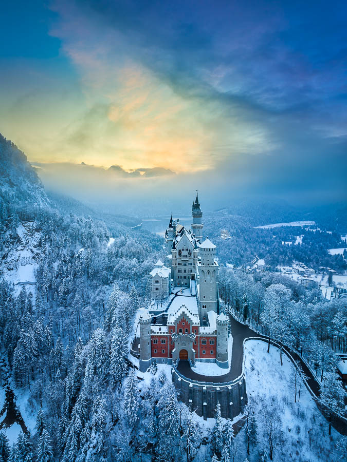 Neuschwanstein Castle on a winter evening