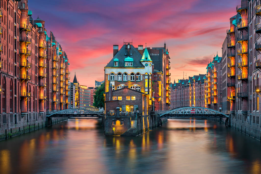 Sunset in the Speicherstadt district in Hamburg