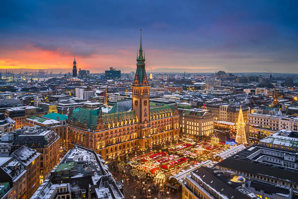 Aerial view of the Town Hall with the Christmas market in Hamburg, Germany by Michael Abid