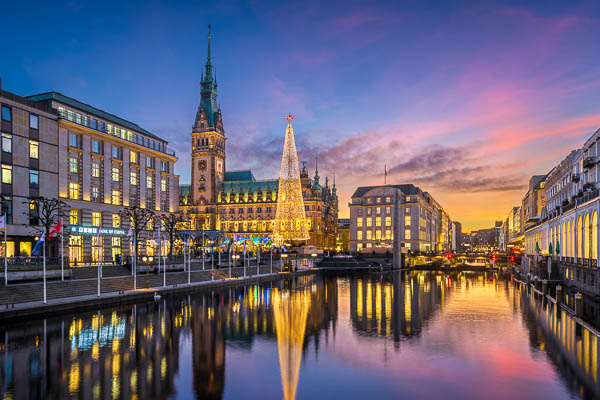 Sunset at the Town Hall with Christmas tree in Hamburg, Germany by Michael Abid