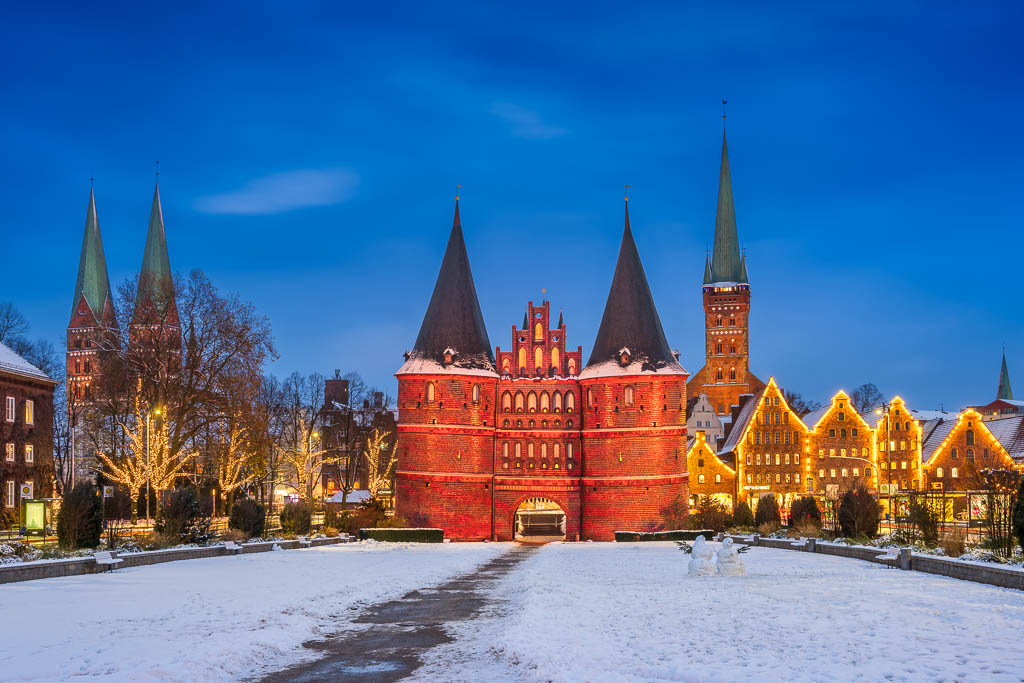 Winter view of Holstentor in Lübeck