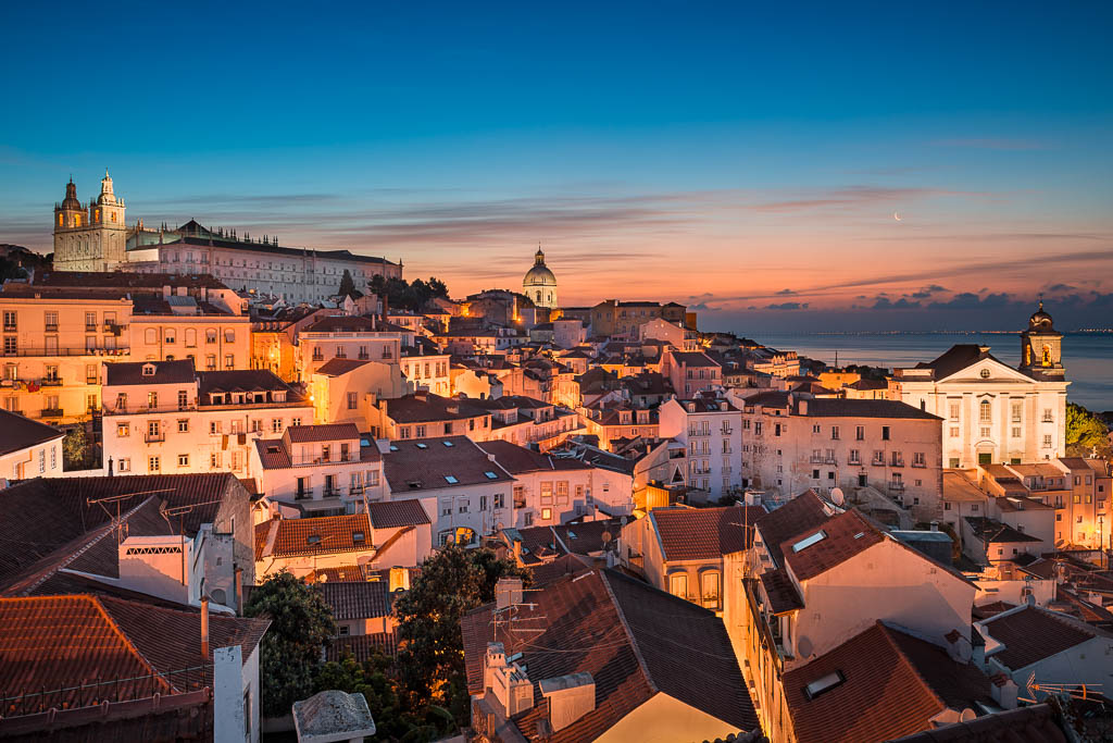 Sunrise in the Alfama old town in Lisbon