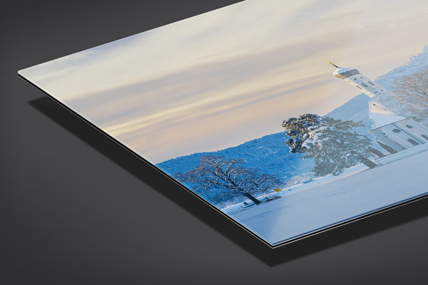 Acrylic Glass - St. Coloman church and Alps in Bavaria during winter