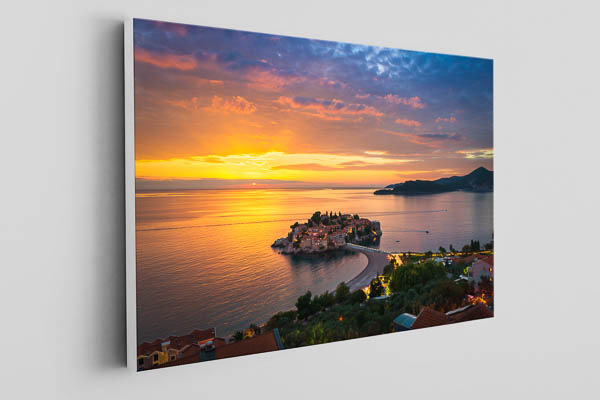 Leinwand - Sveti Stefan Insel in Montenegro bei Sonnenuntergang